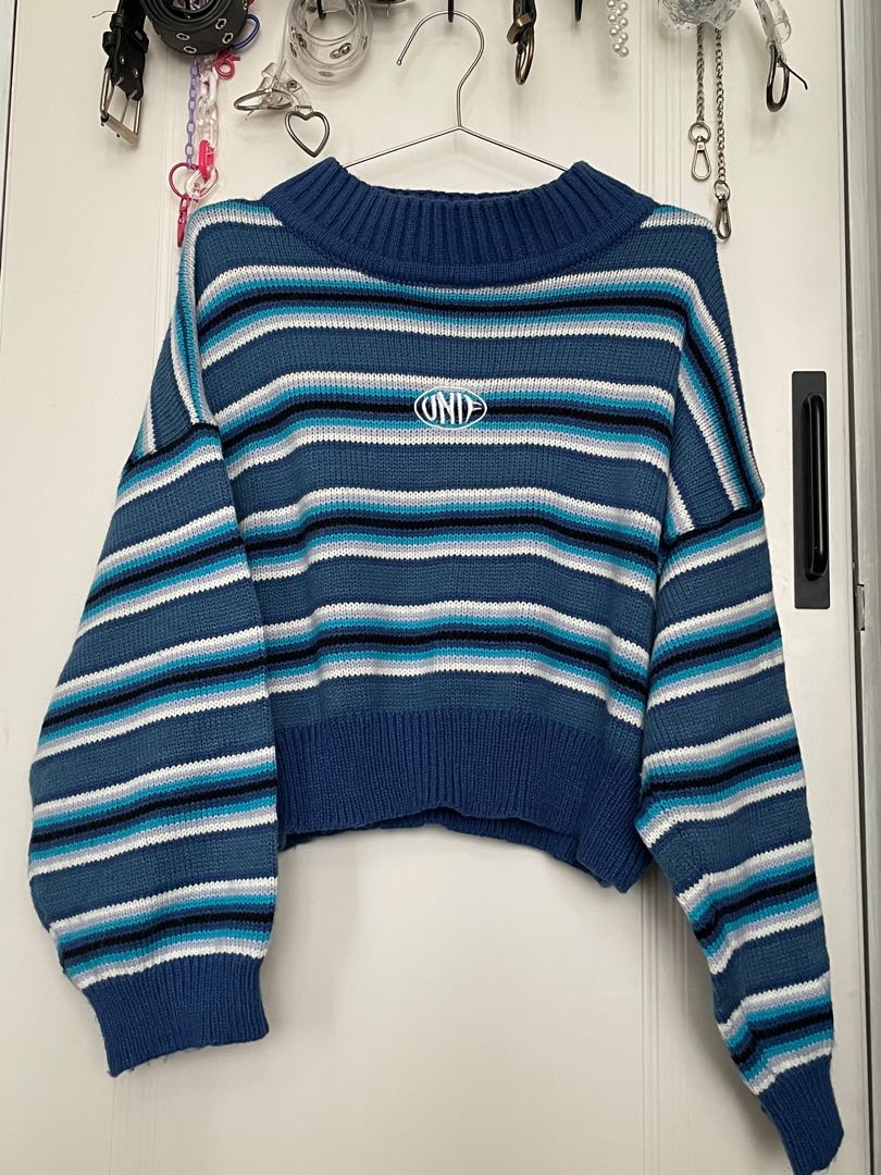 Unif 長袖冷衫女裝毛衣藍白間條, 女裝, 上 