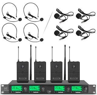 Wireless Microphone System Pro UHF 4 Channel 4 Lavalier Bodypacks 4 Lapel Mic 4 Headsets for Karaoke System Church Speaking Conference Wedding Party