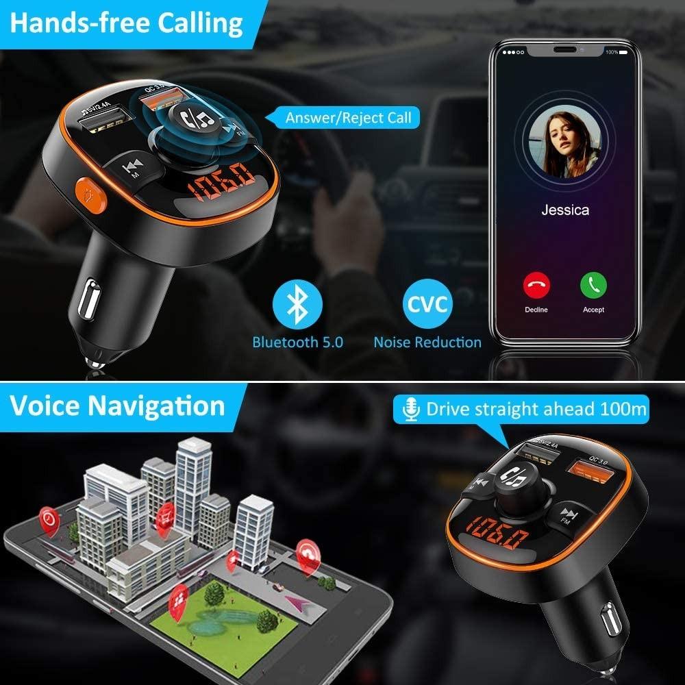 FM Transmitter for Car Bluetooth 5.0, TEUMI Colors Light Dual USB QC3.0   2.4