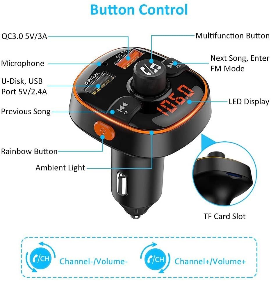 FM Transmitter for Car Bluetooth 5.0, TEUMI Colors Light Dual USB QC3.0   2.4