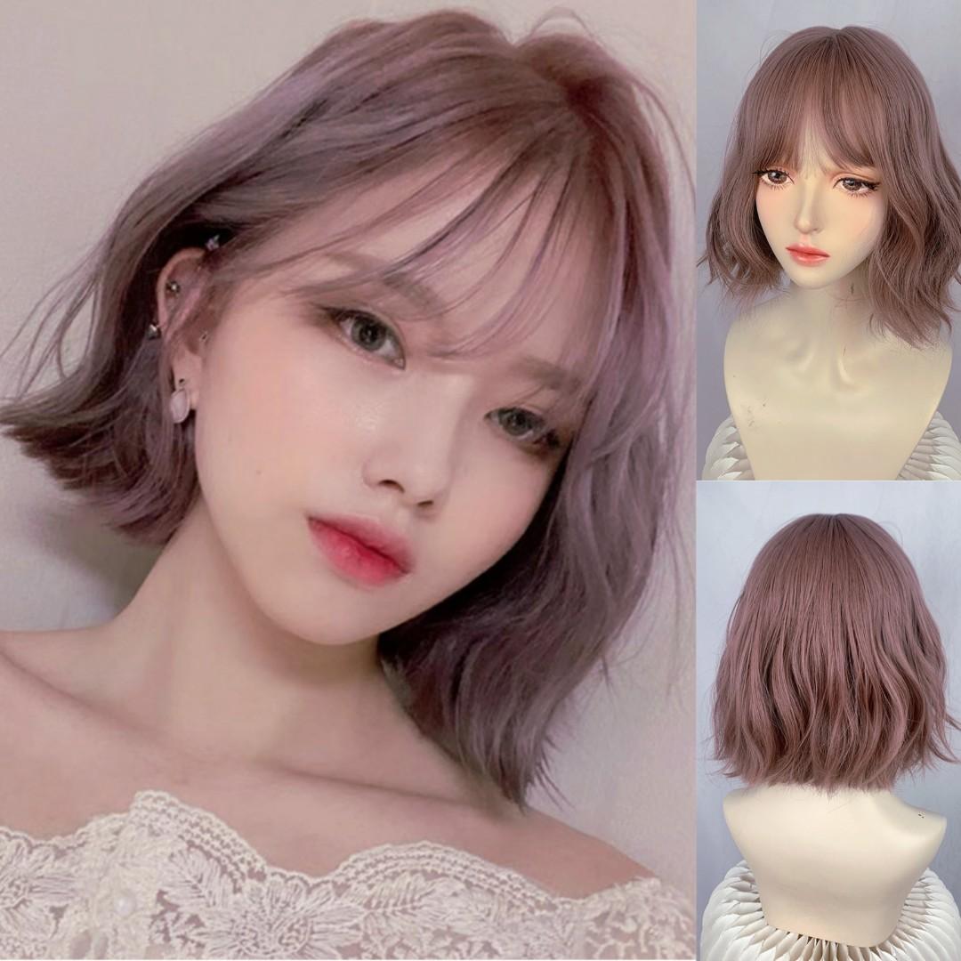 INSTOCK] Korean Purple Airy Bangs Short Wavy Curly Wig Hair  Adjustable/Breathable, Beauty & Personal Care, Hair on Carousell