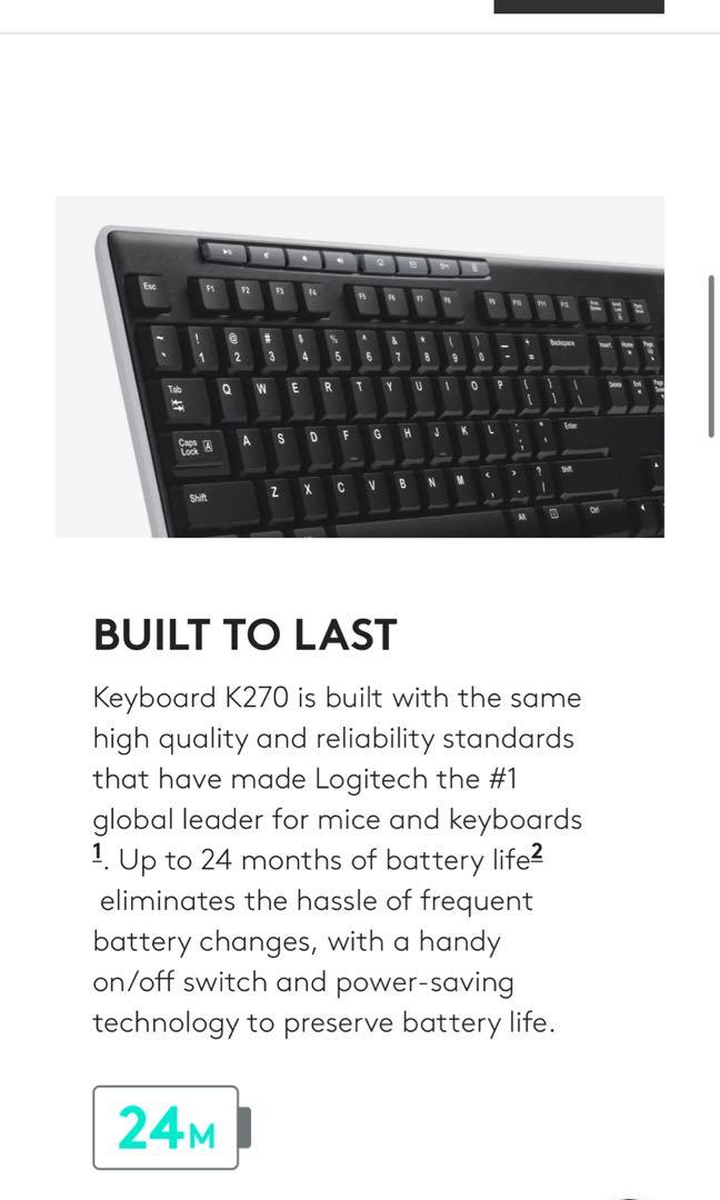 Logitech K270 Full Sized Wireless Keyboard, Computers & Tech, Parts