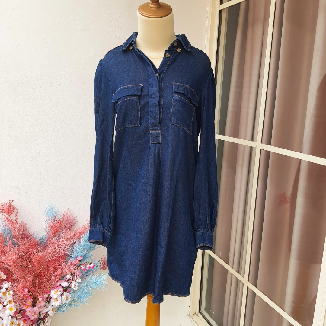 MANGO TUNIC DENIM DRESS, Fesyen Wanita 