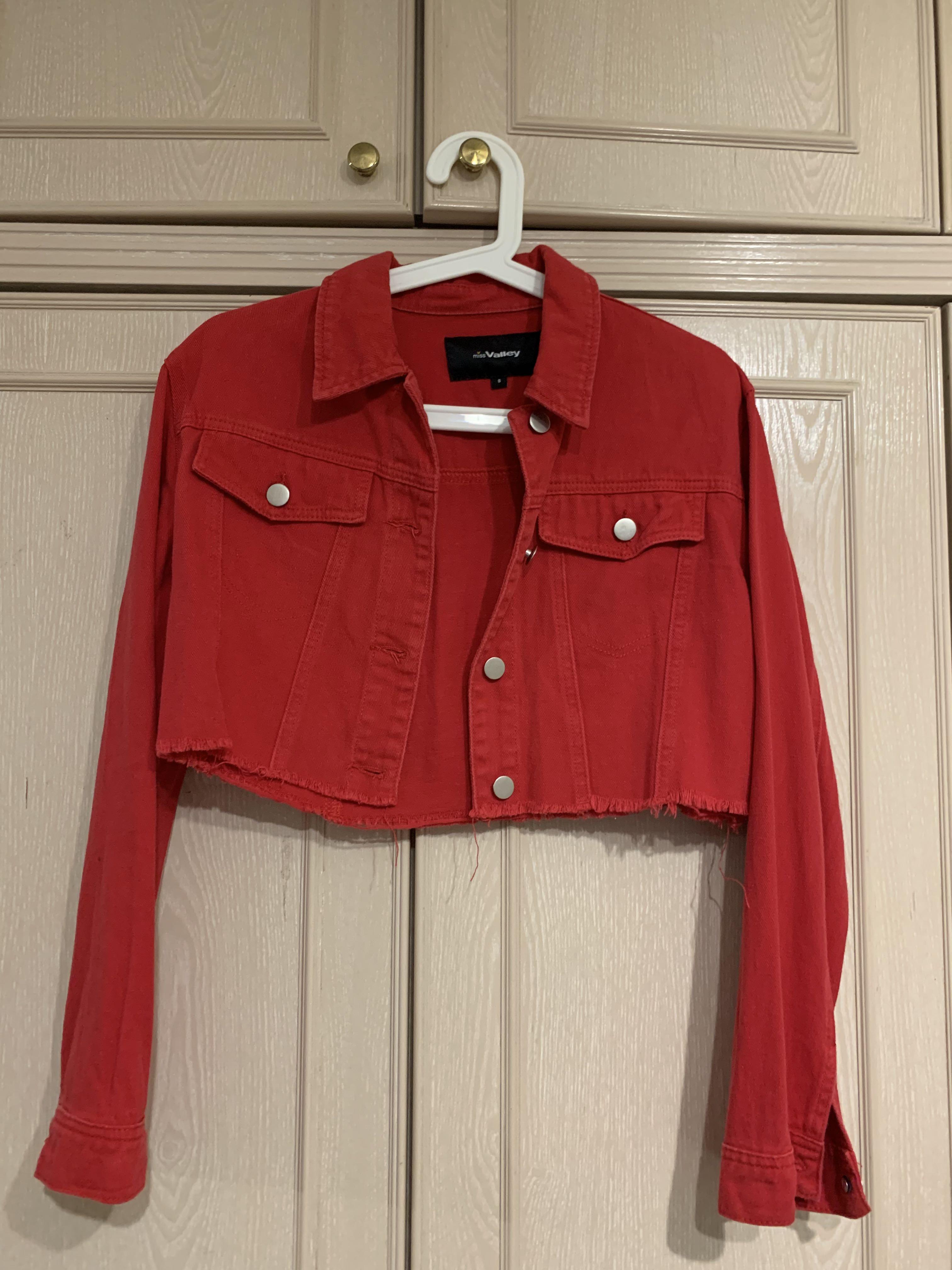 Red cropped clearance denim jacket
