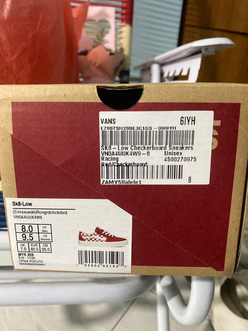 VANS SK8 Low Checkerboard Sneakers VN0A4UUK 8 Racing Red Checkerboard Men s Fashion Footwear Casual shoes on Carousell