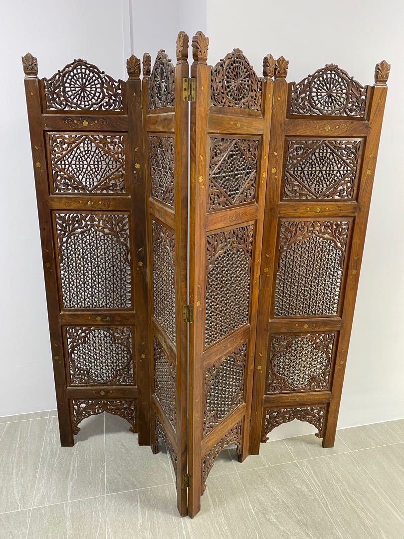Wooden antique screen divider (4 panels), Furniture & Home Living
