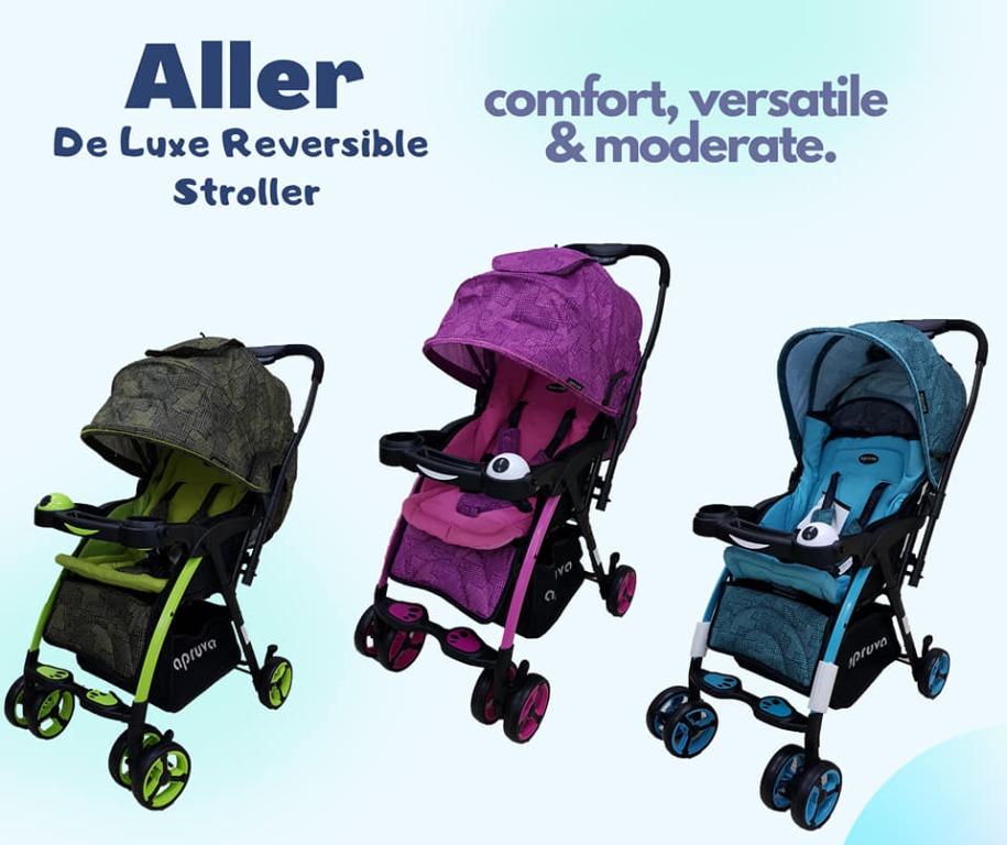 Apruva Aller Baby Stroller Reversible Handle SD-22 (Category: Strollers) located in Quezon City. Submitted by sellermrlein (Listing ID 1146975209, Image 1). Description: for delivery via shopee you may click this link https://shp.ee/kchreg9 -Reversible Handle -Standing When Fold -Child's tray with cup holder convertible to toys -Five point safety harness for child protection -Easy to fold -Multi-position reclining seat for baby's comfort -Expanda