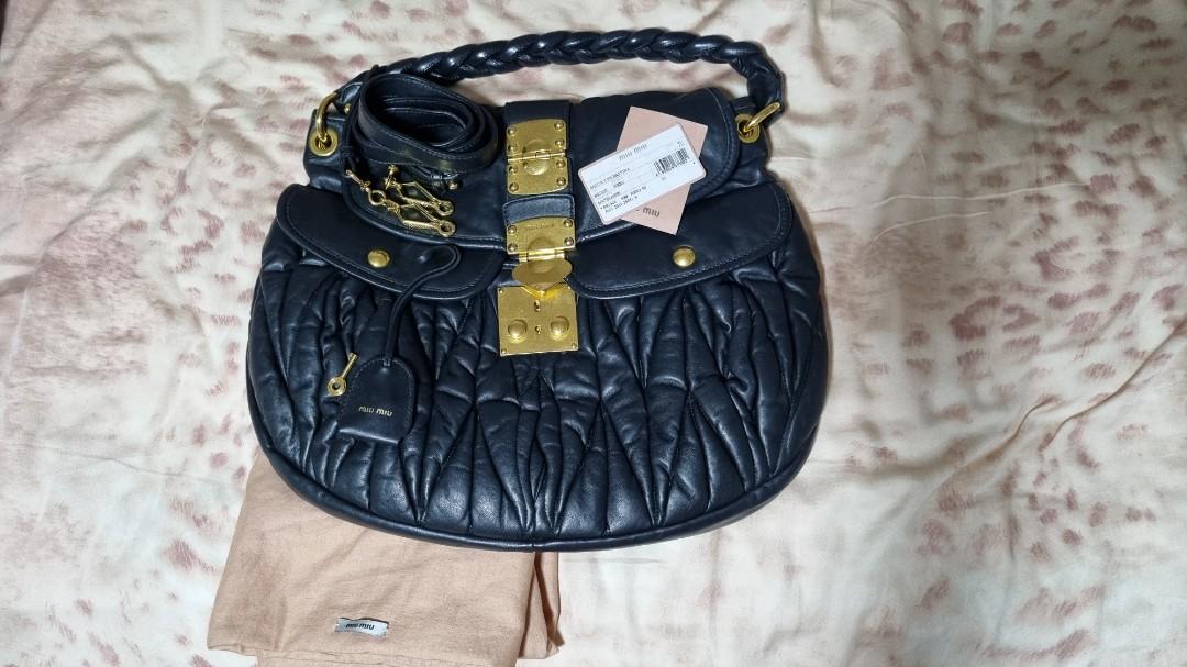 Authentic MIU MIU Matelasse Handbag Coffer 2 Way Black Leather Glossy Bag  Gold