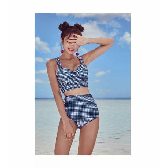 Blue Checkered Korean Two Piece Swimsuit Women S Fashion Swimwear Bikinis Swimsuits On