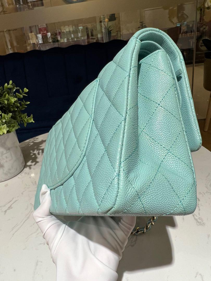 19C Tiffany Blue Caviar Quilted Classic Flap Small Light Gold Hardware