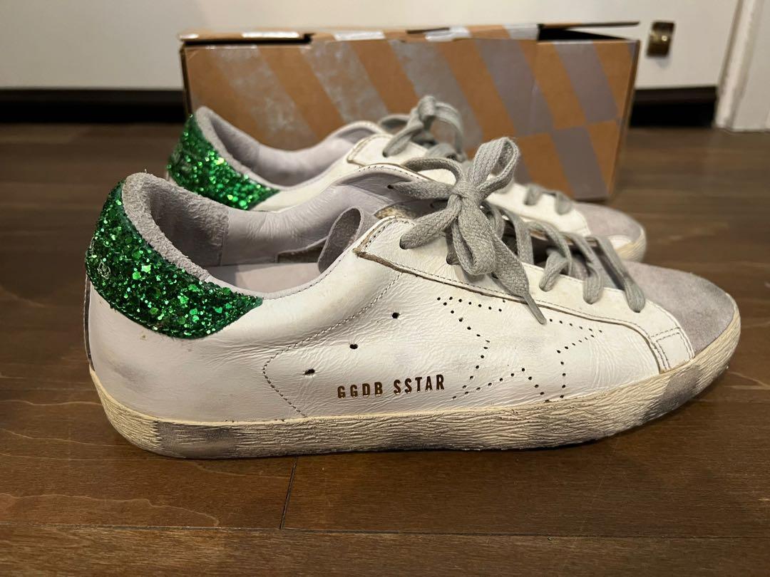 Golden Goose White and Green Glitter Superstar Sneakers EU38