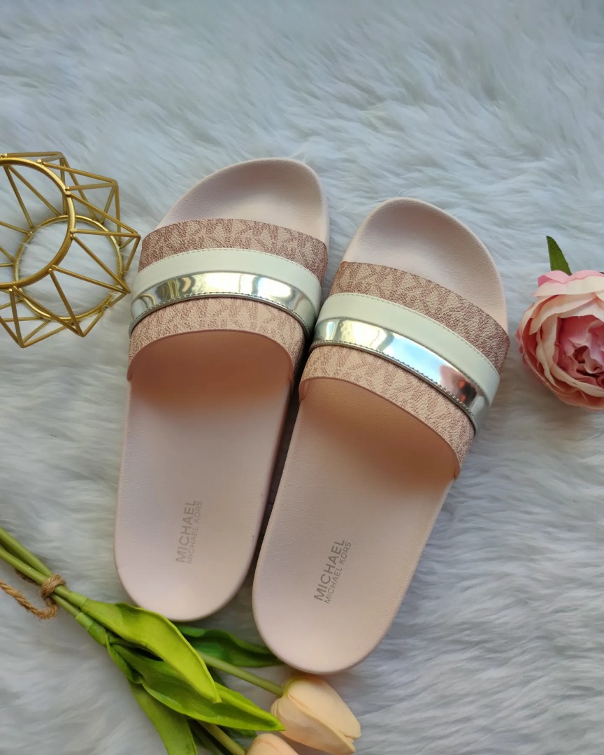 Michael kors metallic slides hot sale