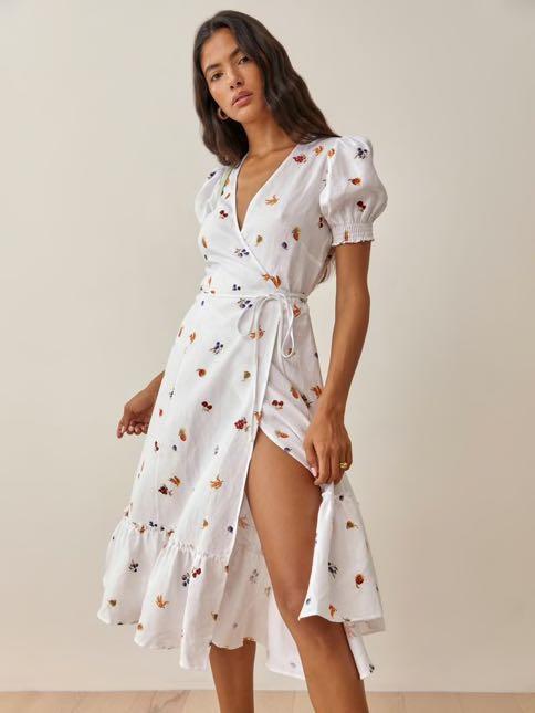 Only 1 in size S!  Reformation Veronika linen wrap dress authentic in  fruit loop, Women's Fashion, Dresses & Sets, Dresses on Carousell