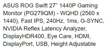 ASUS ROG Swift 27 Inch 1440p 240hz Gaming Monitor (PG279QM