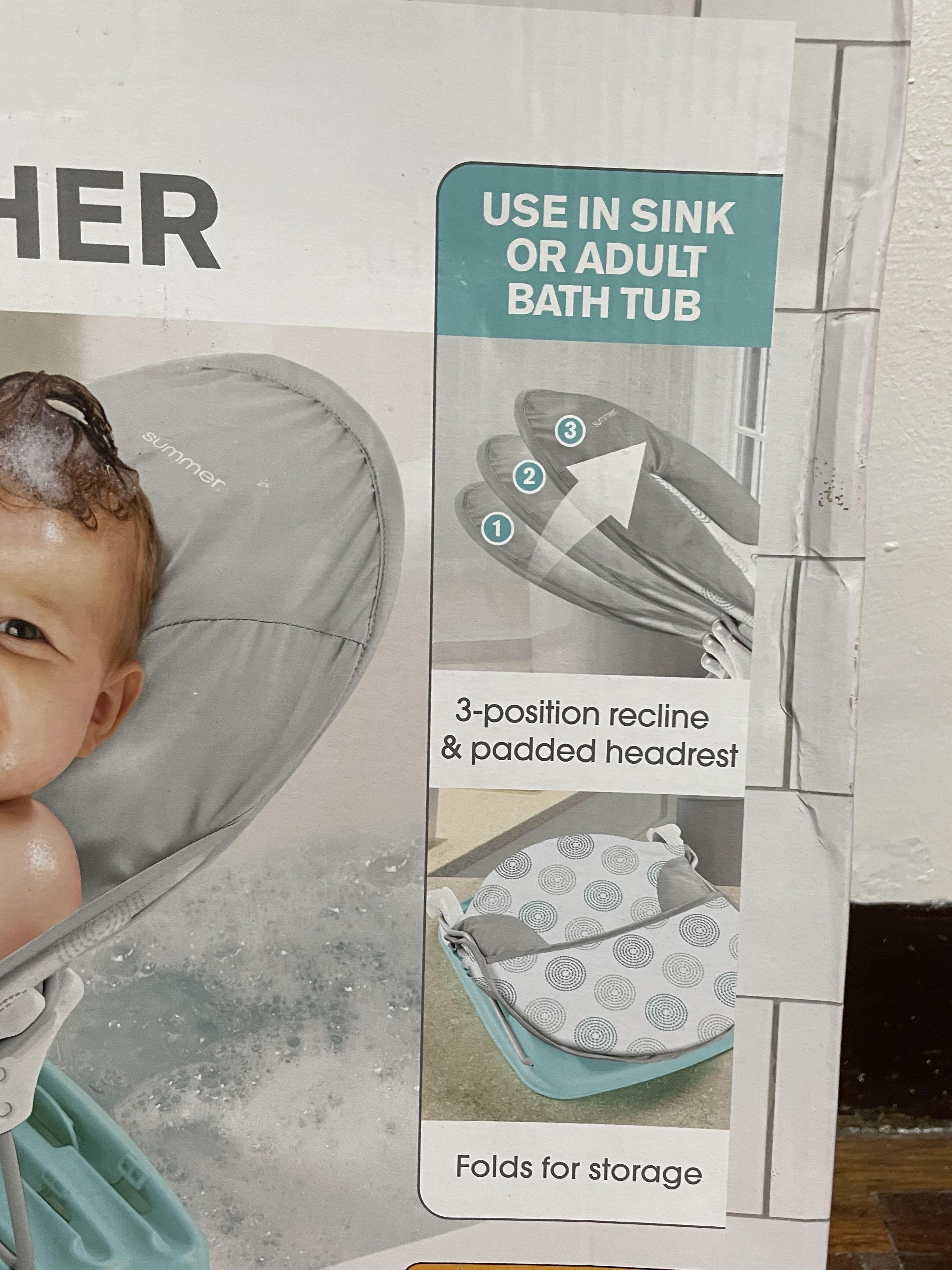 Summer deluxe baby bather (Category: Bathtub & Bath Accessories) located in Paranaque City. Submitted by tealandsagecloset (Listing ID 1146981969, Image 3). Description: DETAILS :Dashed dots print : 3-position recline, for child’s comfort :For use in the sink or adult bathtub :Head support cradles baby’s head :Folds compact for storage and travel :Machine washable fabric PRODUCT DIMENSION :H 34.29cm x W 21.75cm x D 55.88cm :Weight: 1.6kg :Minimum