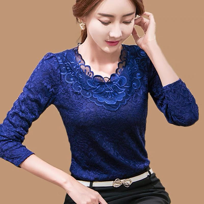 women dark blue lace blouse top