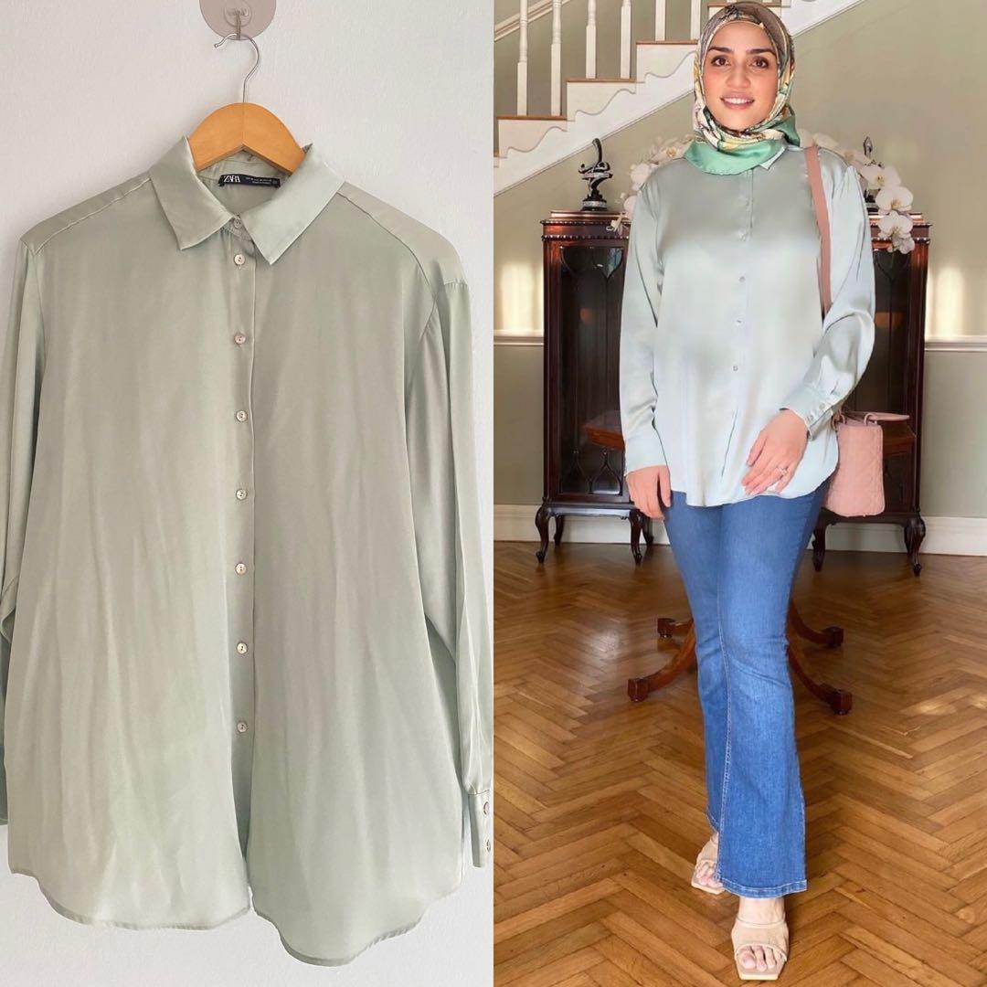 Zara satin shirt light green, Women's Fashion, Tops, Blouses on Carousell