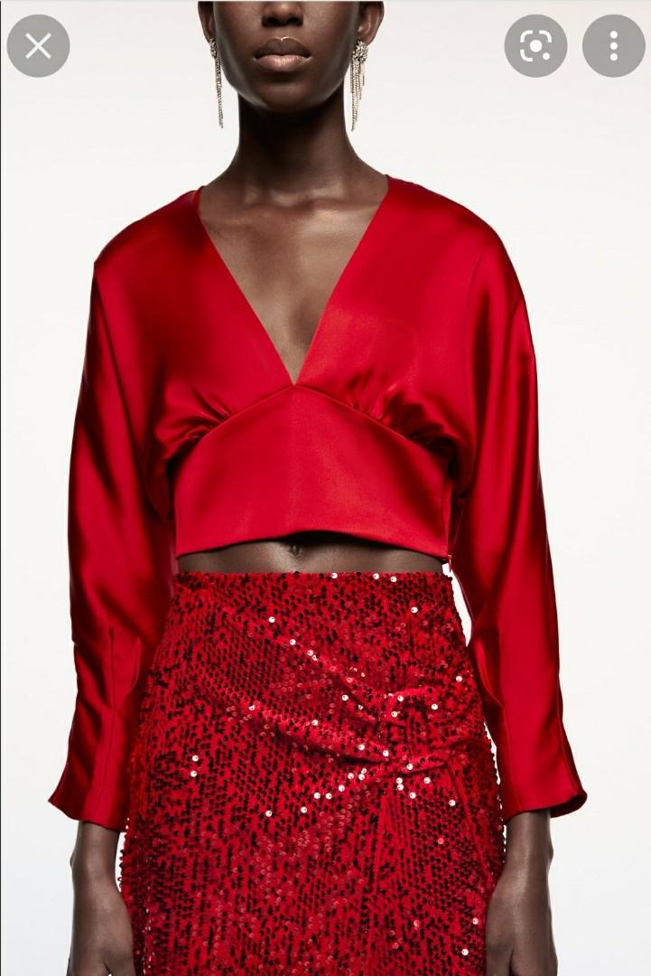 Red satin discount top zara