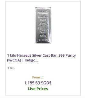 1 kg Heraeus silver bullion bar .999 purity with certificate