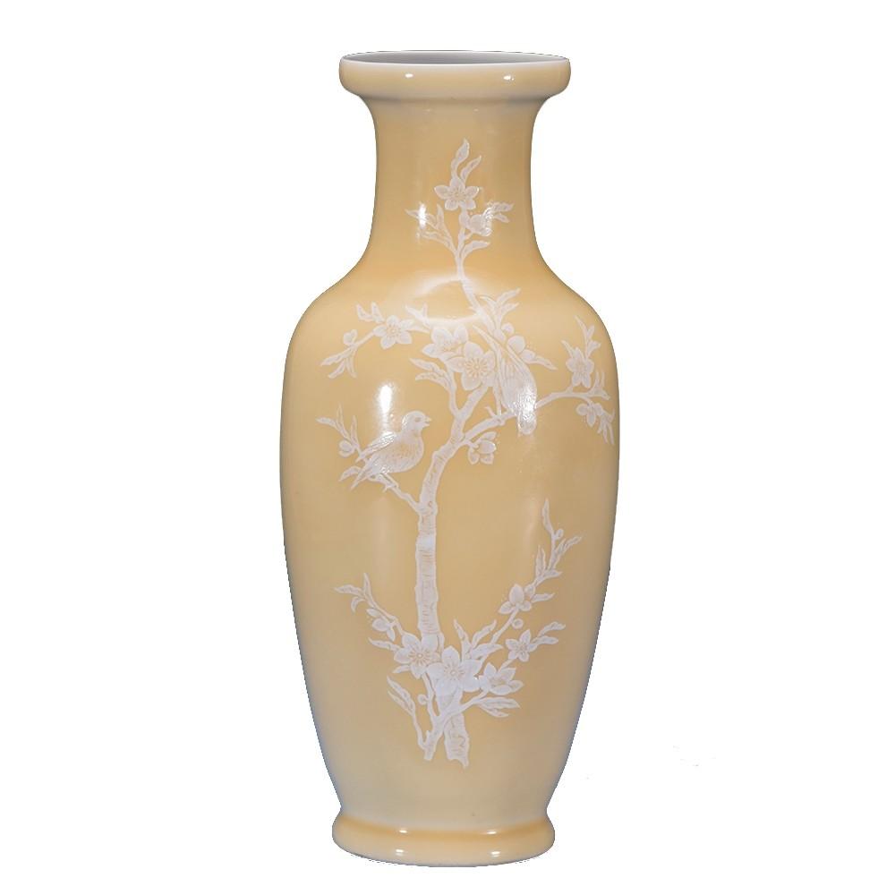 中国美術古玩米黄釉堆白花鳥花瓶景德鎭製-