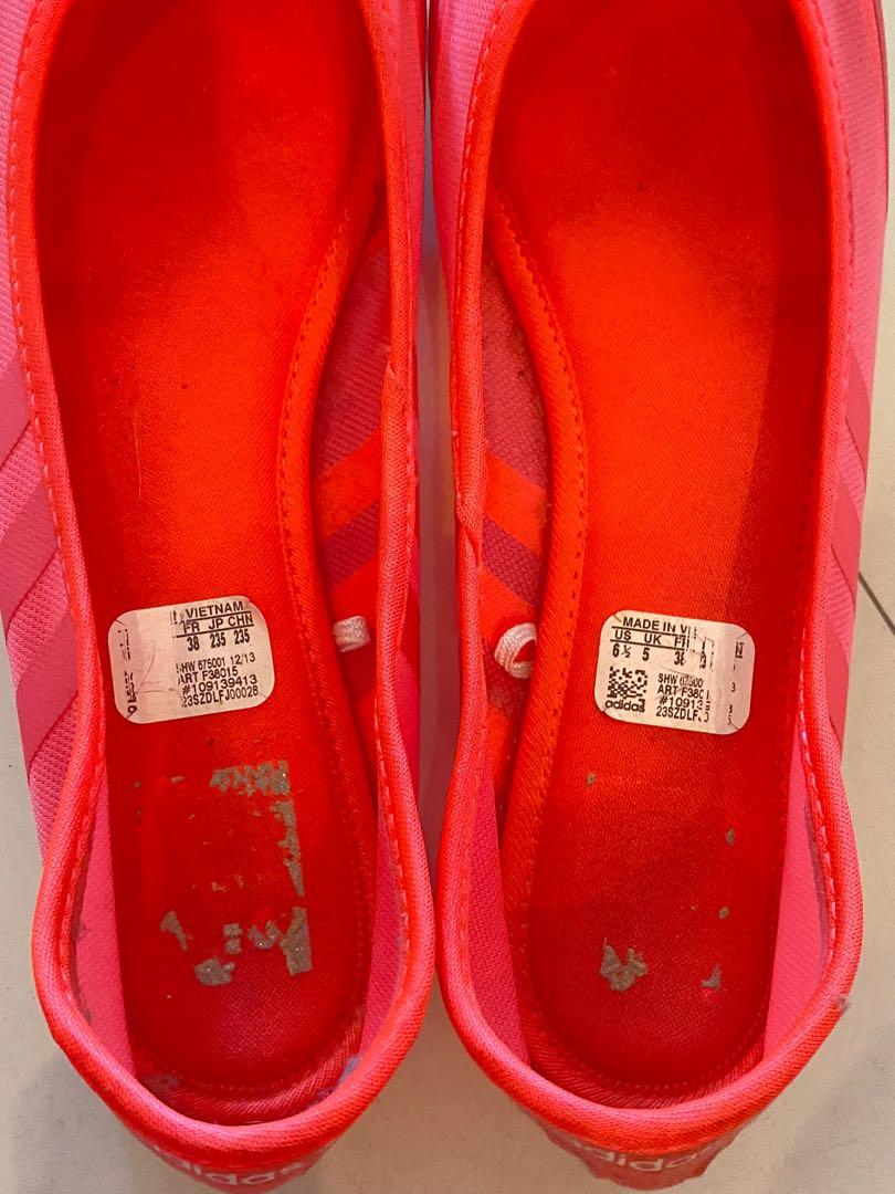 Adidas Flats (Category: Flats & Sandals) located in Pasig City. Submitted by m.declutters (Listing ID 1147122923, Image 2). Description: US 6.5 / UK 5 color: coral pink authentic inside is worn out already, will have it cleaned has memory foam super comfy .