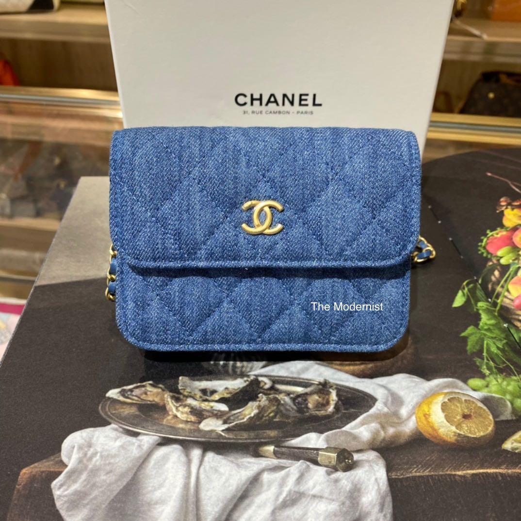 Authentic Chanel Gold Pearl Crush Blue Denim Clutch With Chain Belt Bag