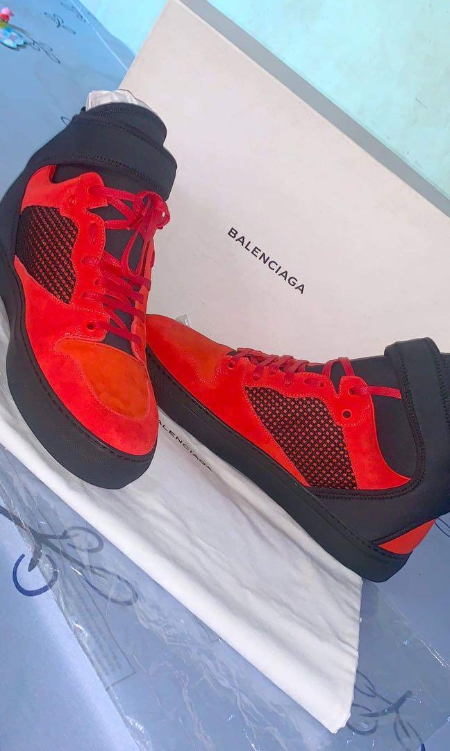 Balenciaga sneakers Red/ black mesh (Category: Sneakers) located in Quezon City. Submitted by angel12171984 (Listing ID 1147123878, Image 1). Description: Rush Saleeeee!!!! MEN’S RED SUEDE BLACK MESH LACE UP NEOPRINE VELCROS STRAP HI-TOP SNEAKERS By BALENCIAGA 100 % AUTHENTIC,GUARANTEED!!! MADE IN ITALY Balenciaga red suede and black mesh high-top sneakers styled with a black neoprene wraparound ankle strap and sock liner. Color: Red/Black Two To