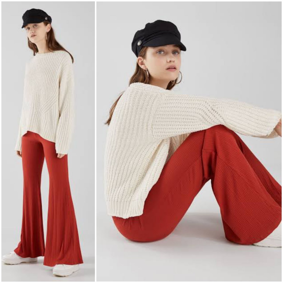 Bershka Ribbed Flare Pants, Fesyen 