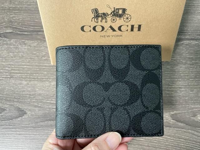 Coach Men's Signature Monogram Slim Canvas & Leather Billfold Wallet Charcoal
