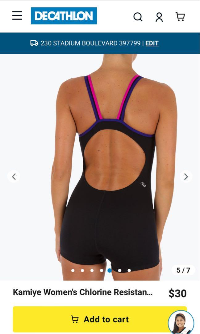 Decathlon Kamiye Women's Chlorine Resistant One-Piece Shorty Swimsuit Black