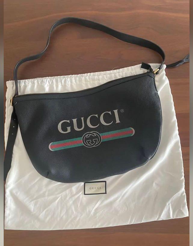 Gucci Logo Print Half Moon Shoulder Bag