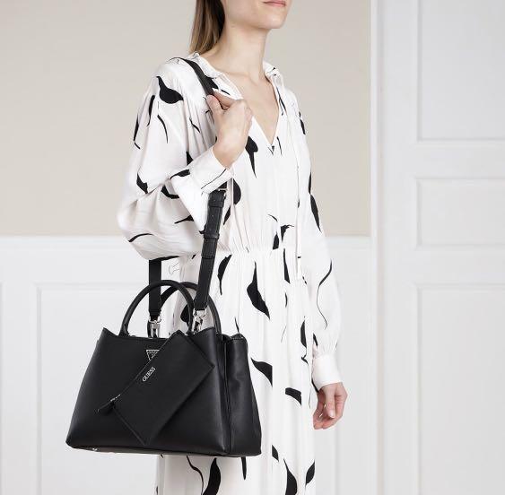 Guess Ambrose Turnlock Satchel Black bag, Women's Fashion, Bags