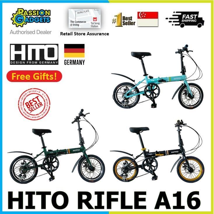 HITO Rifle A16 Foldable Bike Bicycle 16 INCH 7 Speed Shimano Hito Official Authorised Singapore Distributor (Category: Bicycles) located in Singapore. Submitted by passiongadgets (Listing ID 1146993552, Image 1). Description: 📍 If you still see this listing, it means you are lucky as we are the cheapest seller in Carousell. If any seller is selling lower than us, do let us know. 3 months Installment via Latutide/Atome : $107/month Full Payment: 