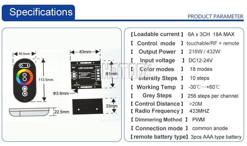 12V/24V Rainbow Touch 18A 3 Channel RGB LED Controller with RF Remote ...