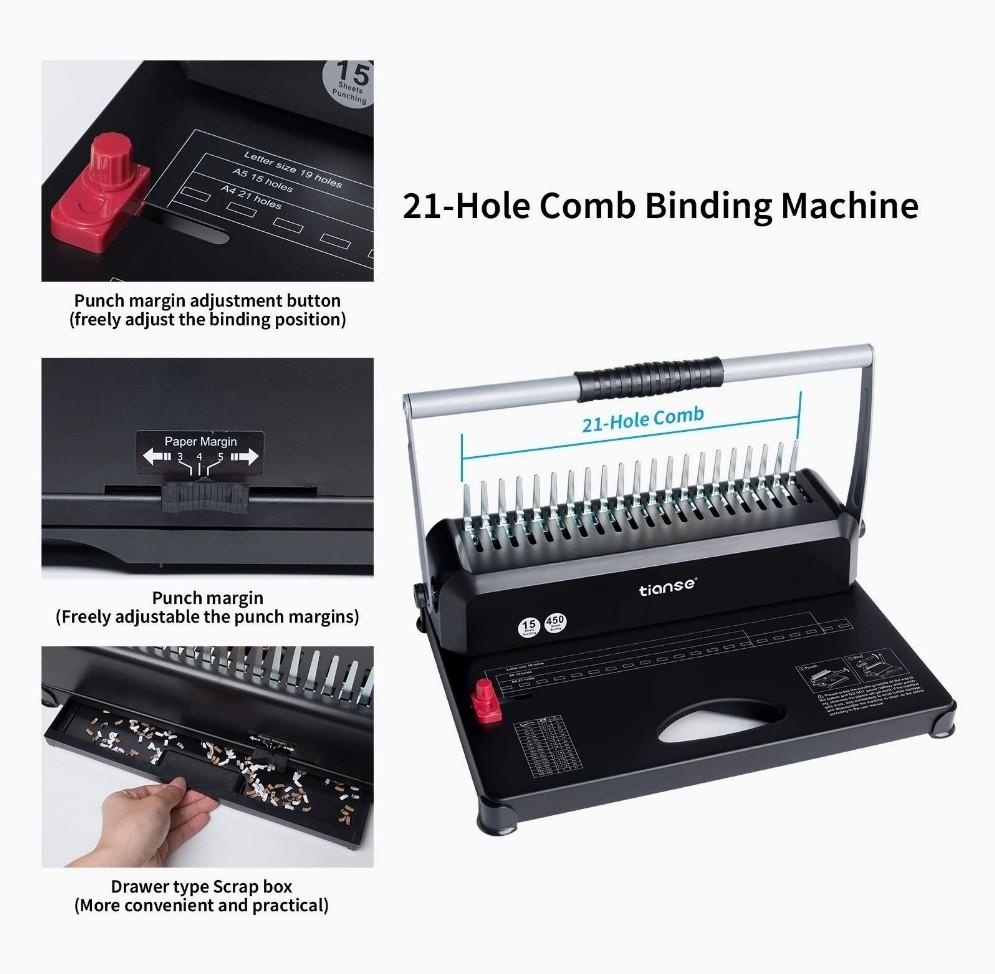 Binding Machine, TIANSE 21Holes, 450 Sheets, Comb Binding Machine with 100 PCS 3/8'' Comb