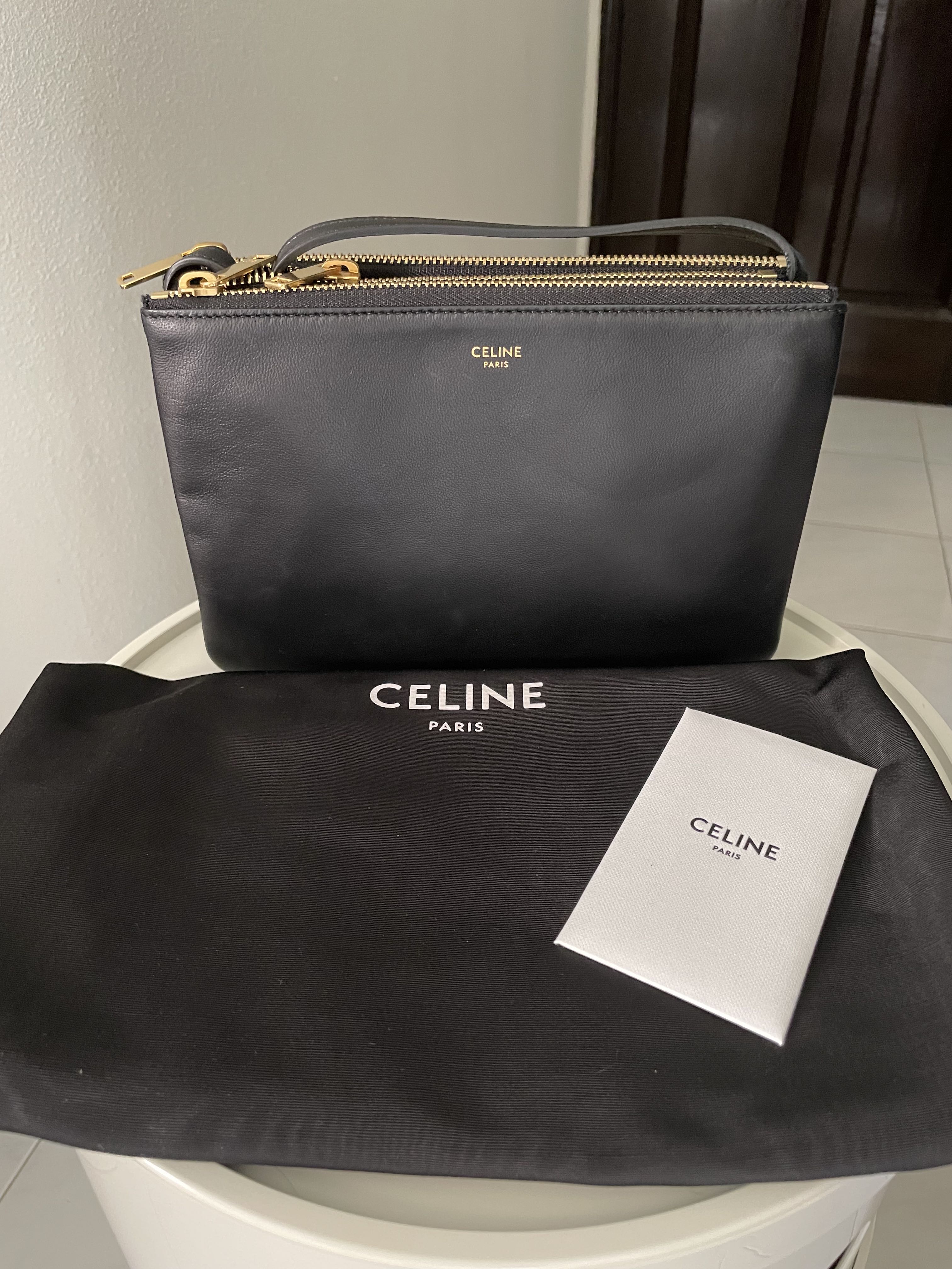 CELINE Lambskin Small Trio Crossbody Bag Black 1245410