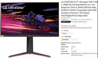 LG 27GP750-B 27” 27 Ultragear FHD (1920 x 1080) IPS Gaming Monitor w/ 1ms Response Time & 240Hz Refresh Rate, NVIDIA G-SYNC Compatible with AMD FreeSync Premium, Thin Bezel, Tilt/Height Adjustable