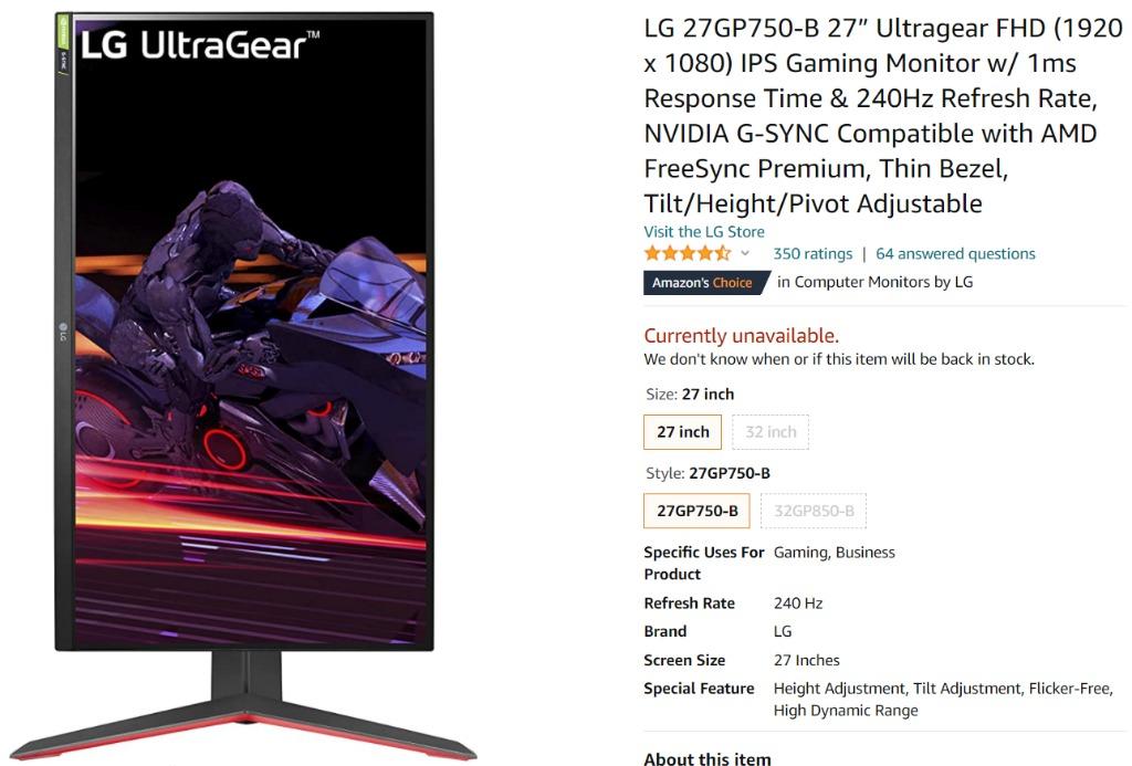 Monitor Gamer UltraGear 27” IPS 240HZ 1MS NVIDIA G-SYNC Compatible -  27GP750-B