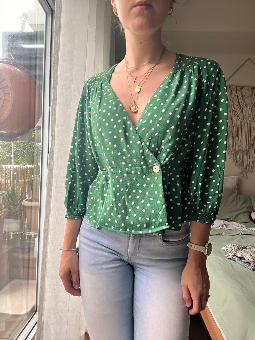 Mango Green Pola Dots Blouse Top, Women's Fashion, Tops, Blouses on  Carousell