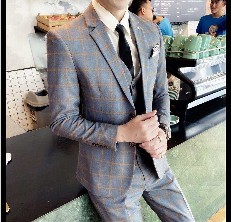men suit 2 3pc jacket grey black red maroon checkered wedding groom ROM suit