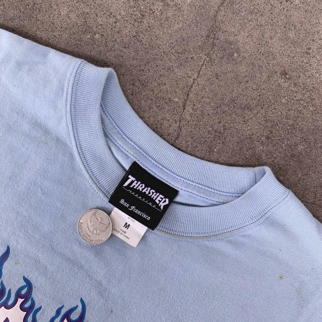 Thrasher flame sky blue Fesyen Pria Pakaian Atasan di Carousell