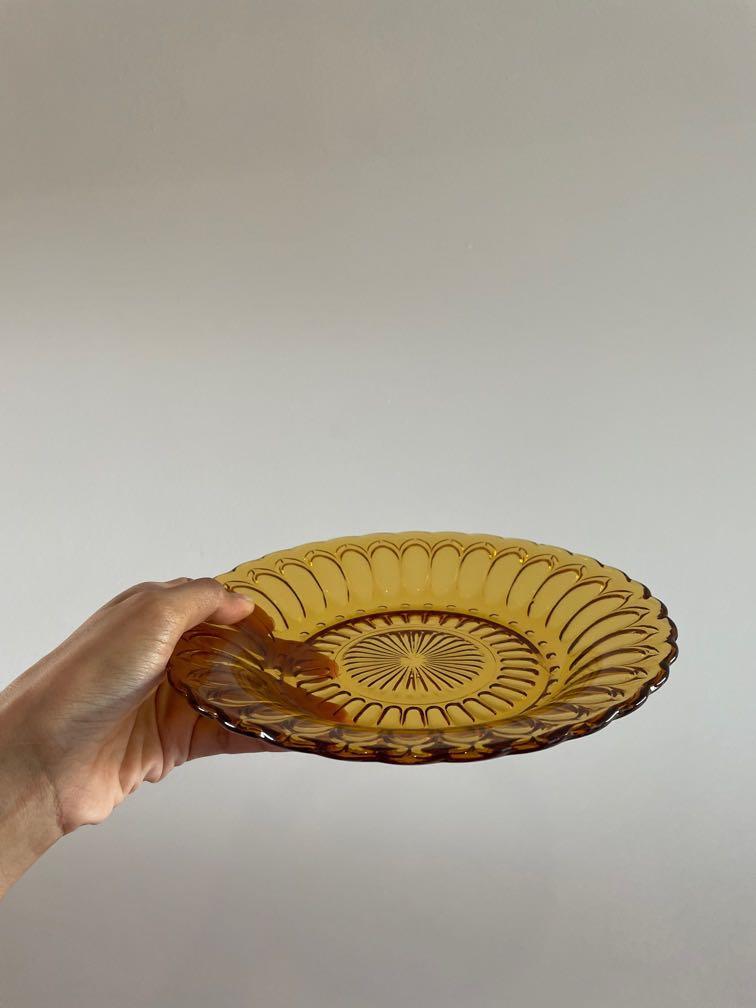 Vintage amber brown dinner retro glass dining plate, Furniture & Home