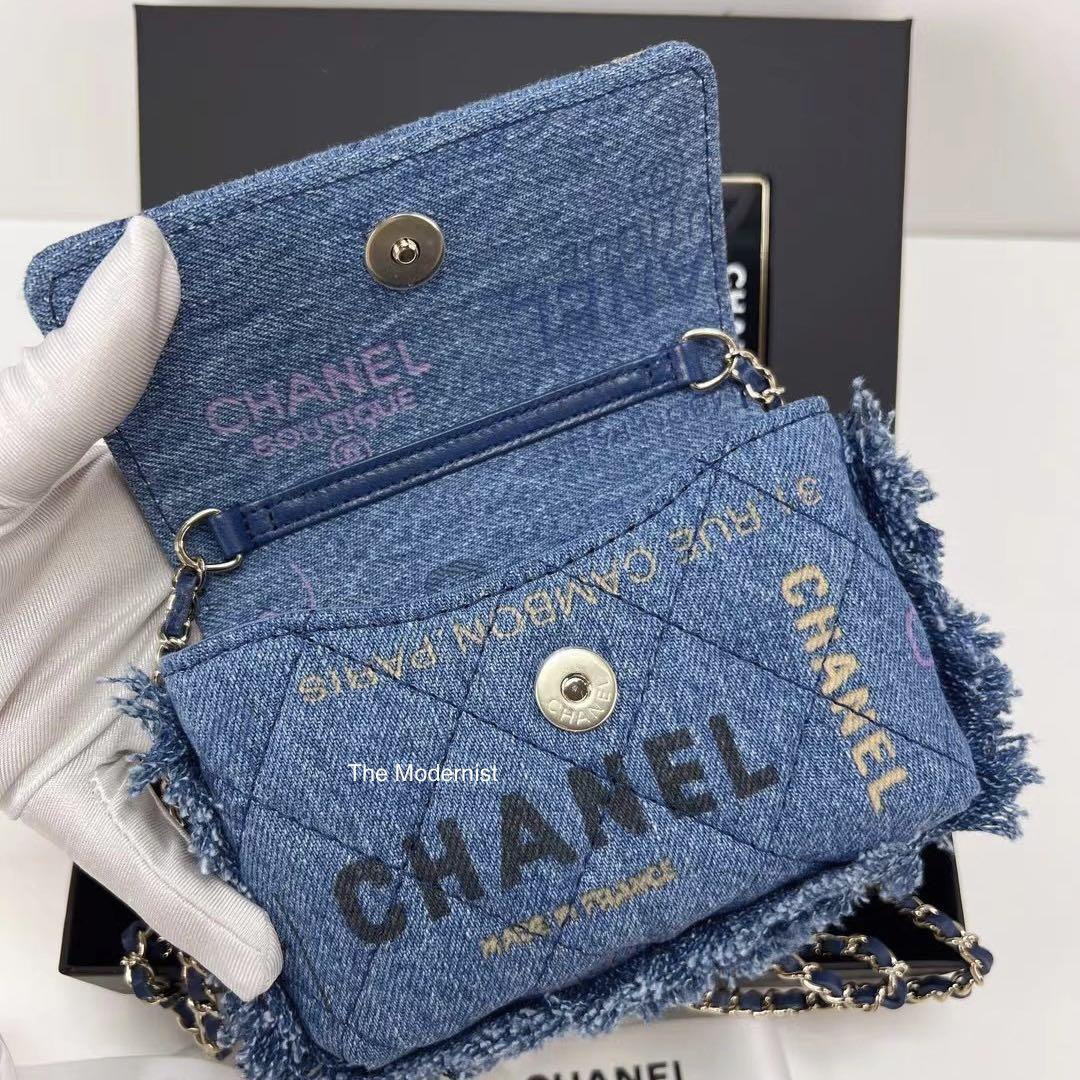 Chanel Blue Denim Logo Printed Quilted Mini Mood Bucket Bag Gold Hardware, 2022 (Very Good)