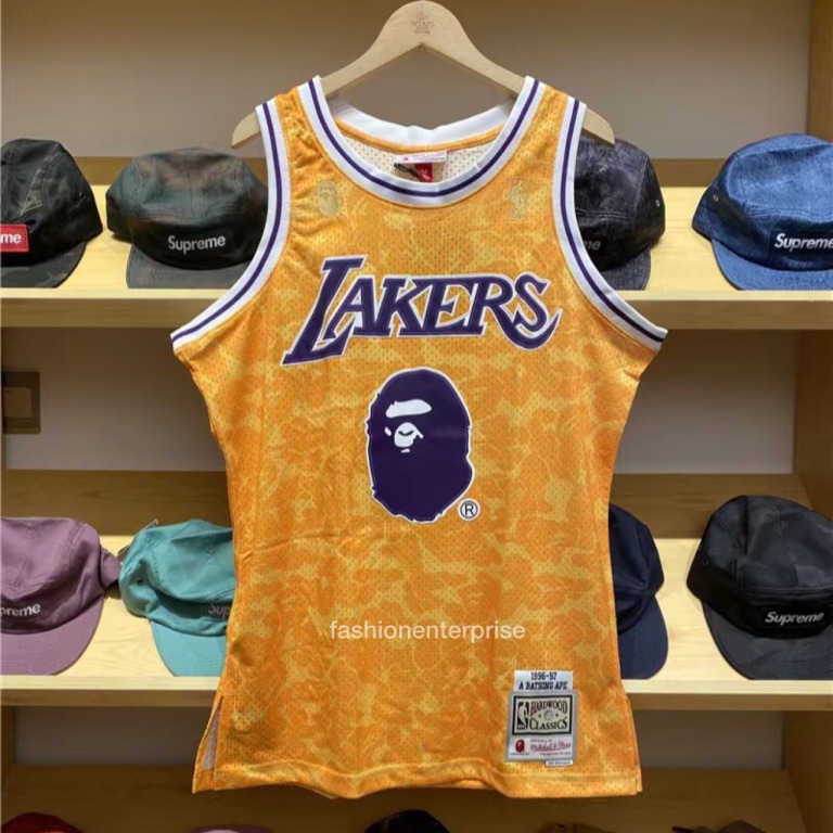 Bape x Mitchell & Ness Lakers ABC Basketball Swingman Jersey 'Yellow' | Men's Size M