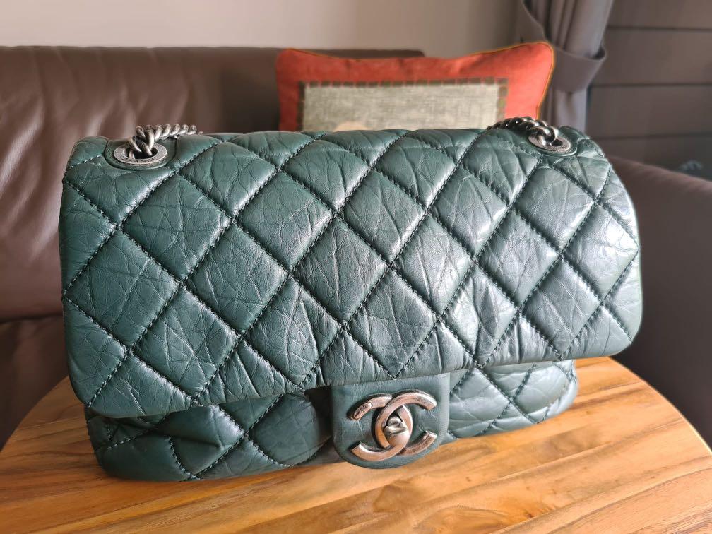 Chanel Aged Calfskin Jumbo New Portobello Flap Dark Green Women s