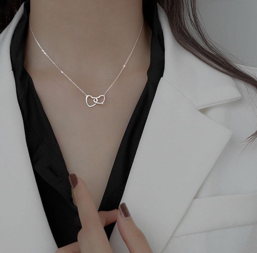 Chic Hollow Double Love Heart Necklace for Women Girls Korean