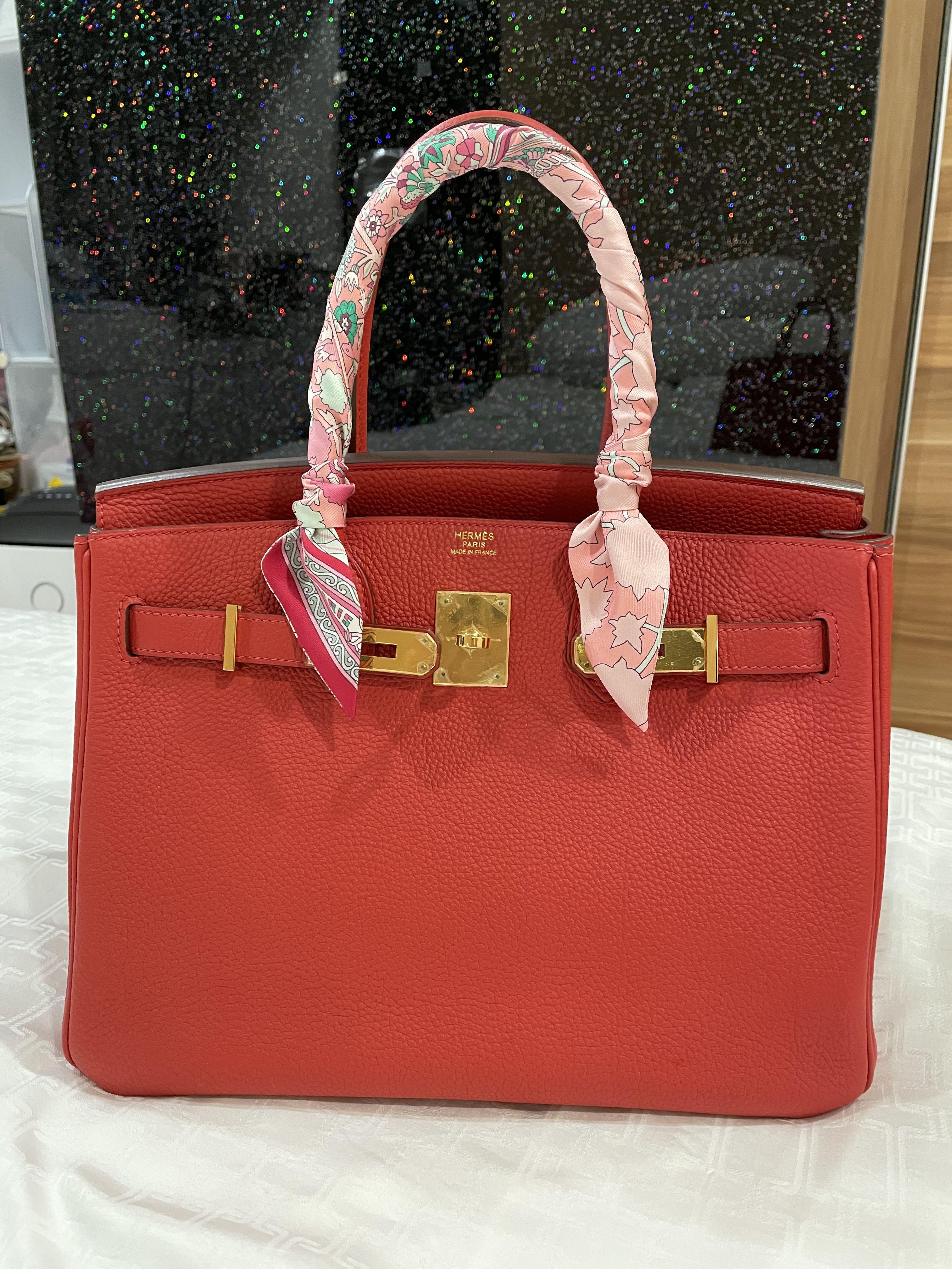 Hermes Birkin 30 Geranium GHW (Category: Bags & Wallets) located in Singapore. Submitted by melodyluxury (Listing ID 1100012804, Image 1). Description: Very good condition Stamp P Geranium Togo Leather Protective seals intact on hardware Very beautiful sassy red colour with gold hardware. Perfect combination! Very good size for daily use *Twilly not included Comes with full set plus receipt and bababebi cert No lowballers, no trades.