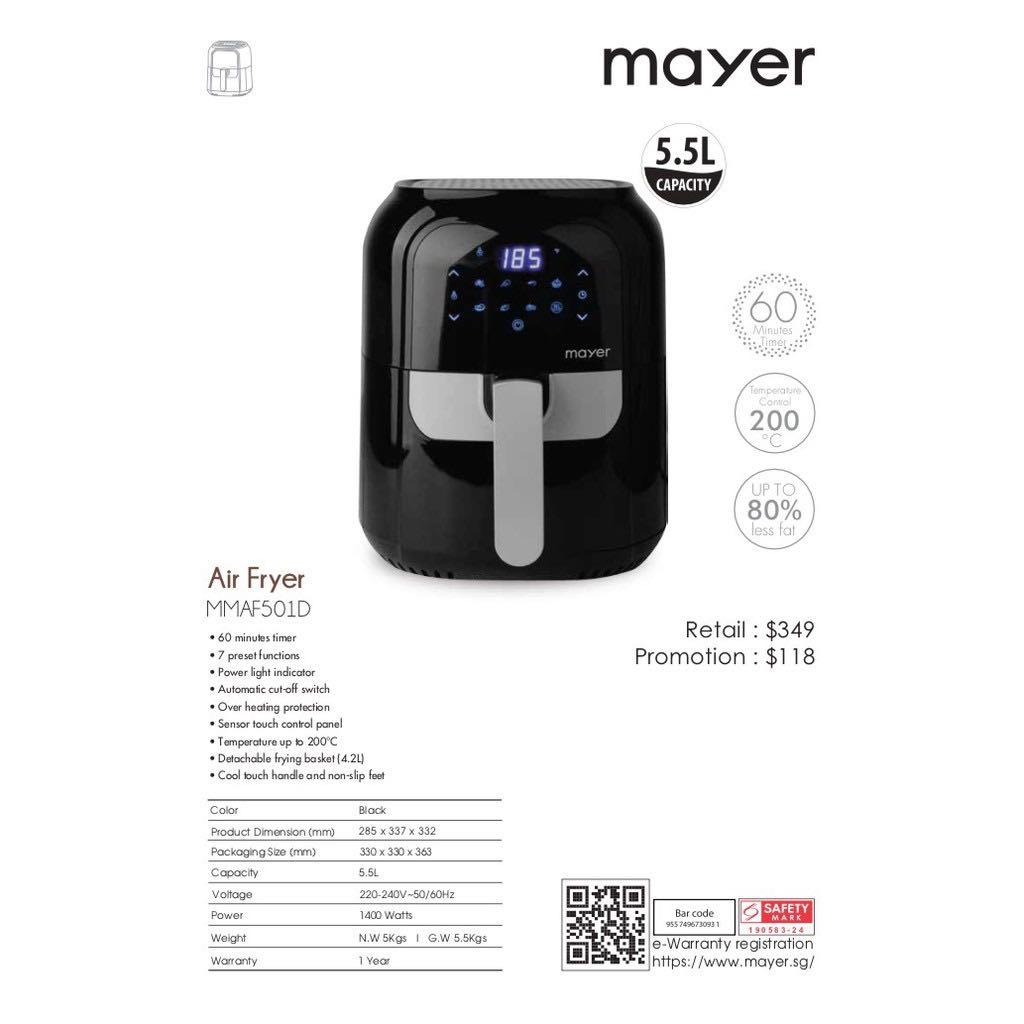Mayer Digital Air Fryer 5.5L MMAF501D, Furniture & Home Living