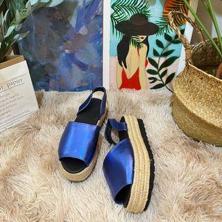 Metallic blue wedge platform heels sandals espadrilles strap shoes