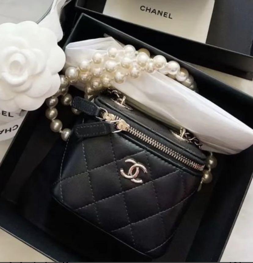 SALE!! CHANEL BLACK LAMBSKIN LEATHER VANITY CASE PEARL CHAIN CLASSIC MINI  square BAG CUBE FLAP, Women's Fashion, Bags & Wallets, Shoulder Bags on  Carousell